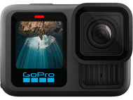 Caméra GoPro noire avec un écran affichant une grotte avec des rayons de lumière et le logo GoPro.