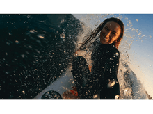 Charger l'image dans la galerie, Femme surfant dans l'océan. Elle sourit, porte une combinaison, éclaboussures d'eau.
