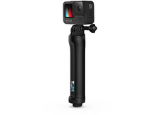 Charger l'image dans la galerie, Une caméra d'action GoPro noire montée sur une poignée noire, avec un affichage coloré.
