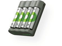 Charger l'image dans la galerie, Une station de charge avec quatre piles AA rechargeables. Les piles sont vertes et argentées.
