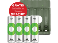 Quatre piles rechargeables AA et un chargeur, avec un cercle rouge indiquant 