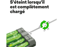 Charger l'image dans la galerie, Une station de charge avec quatre piles vertes et un logo de recyclage vert.
