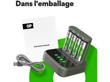 Charger l&#39;image dans la galerie, GP BATTERIES Chargeur de pile USB B441 + Piles AA 2100 mAh 4 pièces (GPRCKCHB441D267)
