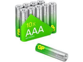 Dix piles AAA dans un emballage vert. Une pile est montrée séparément.