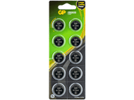 Un blister de 10 piles bouton. 'GP' et 'CR2032' sont imprimés sur chaque pile.