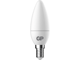 Ampoule blanche avec base argentée et logo GP. Fond blanc.