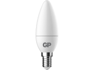 Ampoule blanche avec base argentée et logo GP. Fond blanc.