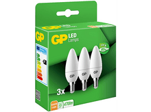 Charger l&#39;image dans la galerie, Boîte avec lampes LED GP, verte avec étiquettes d&#39;efficacité énergétique et trois formes d&#39;ampoules blanches.
