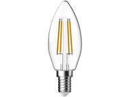 Ampoule transparente avec filaments orange exposés et base argentée.