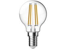 Charger l&#39;image dans la galerie, Une ampoule LED transparente avec des filaments jaunes et une base argentée, isolée sur fond noir.
