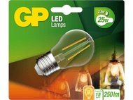 Emballage d'ampoule LED GP. Une ampoule avec le texte : 2,5w 25w, lumière vintage, longue durée de vie 15 ans, 250lm.