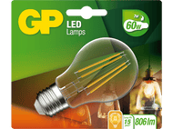 Emballage d'ampoule LED. Ampoule visible, avec informations sur le produit et logo. Fond vert et jaune.
