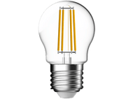 Une ampoule transparente avec des filaments jaunes et une base argentée.