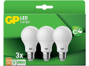 Trois ampoules LED dans une boîte. Fond vert avec du texte et une icône d'ampoule.