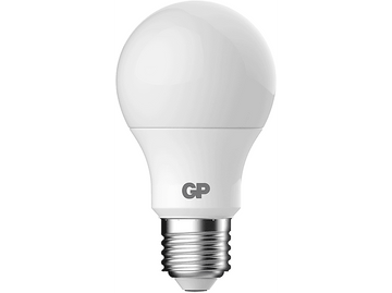 Ampoule LED GP blanche sur fond blanc, avec une base argentée.