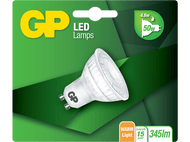 Emballage de l'ampoule LED GP. L'ampoule est blanche, avec un fond vert, et des détails sur l'ampoule.