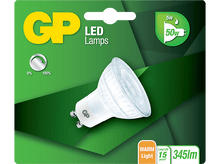 Charger l'image dans la galerie, Lampe LED dans son emballage. Ampoule brillante sur fond vert. Le texte indique "GP LED Lamps".
