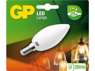 Lampe LED GP. Une ampoule blanche en forme de bougie avec une base argentée.
