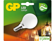 Une ampoule LED blanche devant un fond vert et orange. Un logo GP en haut à gauche.