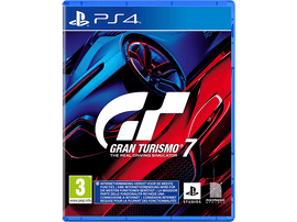 Boîtier de jeu PS4. Titre Gran Turismo 7 avec des images de voitures.
