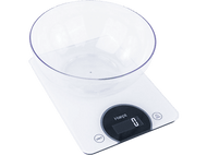 Balance de cuisine numérique blanche avec un bol transparent dessus, affichant une lecture de zéro.