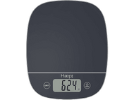 Balance de cuisine numérique grise affichant le poids 624g. Base blanche avec surface noire.