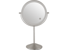 Charger l'image dans la galerie, Miroir rond argenté avec une lumière. Le miroir est sur un pied. Le fond est noir.
