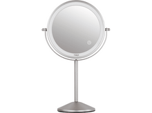 Charger l'image dans la galerie, Un miroir de courtoisie argenté, rond et éclairé avec un bouton marche/arrêt sur fond blanc.
