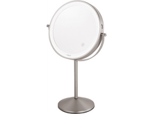 Charger l'image dans la galerie, Un miroir rond et éclairé sur un pied. Le miroir est argenté. Le fond est blanc.
