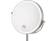 Charger l'image dans la galerie, Un miroir rond de couleur argentée avec une lumière LED intégrée et un grossissement 10x. Fond blanc.
