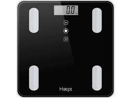 Une balance numérique noire avec un écran affichant 