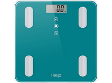 Charger l&#39;image dans la galerie, Balance intelligente turquoise avec affichage numérique indiquant 0,0 kg. Quatre coussinets argentés.
