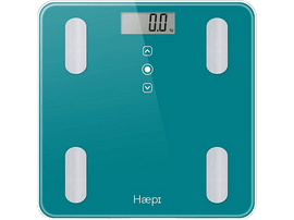 Balance intelligente turquoise avec affichage numérique indiquant 0,0 kg. Quatre coussinets argentés.