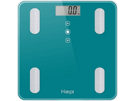 Balance intelligente turquoise avec affichage numérique indiquant 0,0 kg. Quatre coussinets argentés.