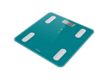 Charger l&#39;image dans la galerie, Une balance numérique de couleur sarcelle avec quatre coussinets rectangulaires blancs et un affichage numérique.
