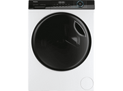 Vue de face du lave-linge Haier blanc. Porte circulaire noire, affichage numérique. Isolé sur fond blanc.