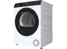 Charger l&#39;image dans la galerie, Un sèche-linge Haier blanc avec porte noire, panneau de commande noir et évent rond en bas.
