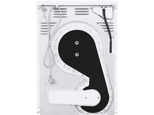 Charger l&#39;image dans la galerie, Arrière d&#39;un sèche-linge blanc avec intérieur noir. Il a un cordon et divers composants mécaniques.
