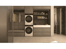 Charger l&#39;image dans la galerie, Buanderie moderne avec lave-linge et sèche-linge empilés, placards, un banc et un tapis.
