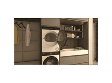 Charger l&#39;image dans la galerie, Scène de buanderie avec une machine à laver et un sèche-linge avec porte ouverte. Fond marron.
