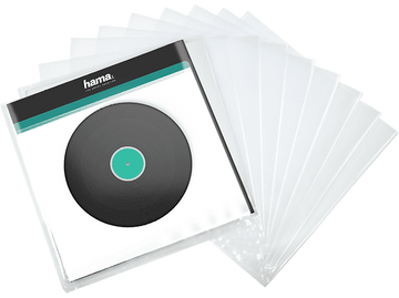 Vinyle dans une pochette, avec d'autres pochettes derrière. Disque noir avec étiquette verte.