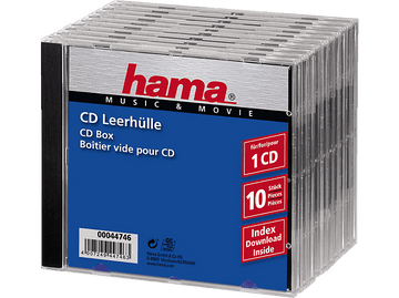 Une pile de dix boîtiers de CD transparents avec une étiquette bleue et argentée sur le devant.