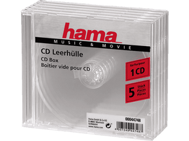 Pile de cinq boîtiers de CD transparents avec une étiquette indiquant les informations sur le produit.