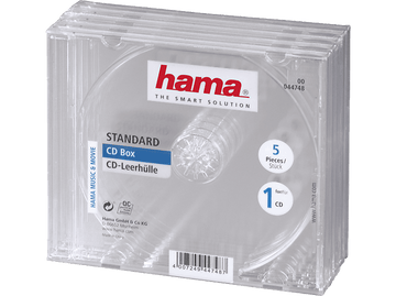 Un boîtier de CD en plastique transparent contenant plusieurs boîtiers de CD transparents empilés.