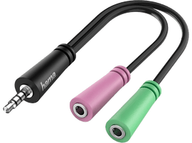 Câble répartiteur audio noir avec une prise jack 3,5 mm et deux prises femelles colorées.