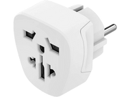 Adaptateur blanc pour prises électriques. Il possède trois fentes et deux broches métalliques.
