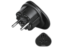 Charger l&#39;image dans la galerie, Un adaptateur de voyage noir avec deux broches et plusieurs prises pour différentes fiches.
