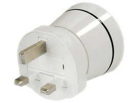 Prise adaptateur de voyage blanche avec trois broches et un anneau noir.