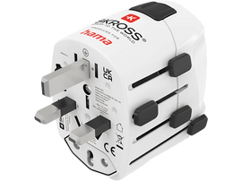 Adaptateur de voyage universel blanc et noir avec plusieurs configurations de prises.