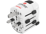 Adaptateur de voyage universel blanc et noir avec plusieurs configurations de prises.